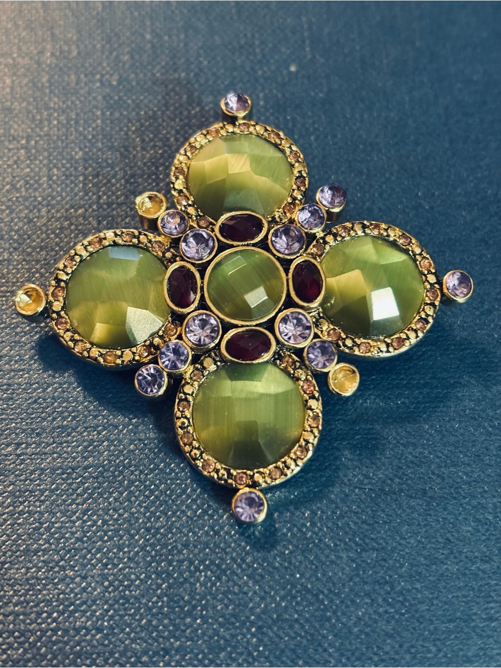 MONET Faceted Glass Pin Brooch Green Maltese Cross Red Purple Rhinestones Gold